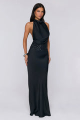 Gossip And Glitter Halter Satin Maxi Dress Black