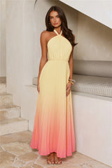 Love Me Lightly Halter Pleated Maxi Dress Yellow