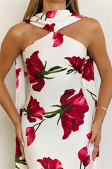 Elegant Satin Neck Scarf Maxi Dress Red