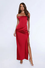 The After Party Off Shoulder Satin Maxi Dress Red