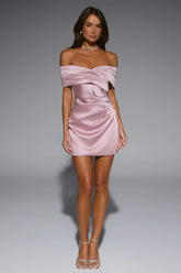 Fancy Night Out Off Shoulder Satin Mini Dress Rose