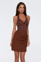 The Good Mood Lace Halter Mini Dress Brown