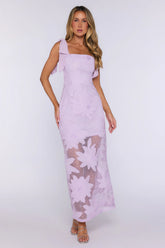 Enchanted Bloom Floral Embroidered Tie Shoulder Maxi Dress Lilac