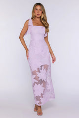 Enchanted Bloom Floral Embroidered Tie Shoulder Maxi Dress Lilac