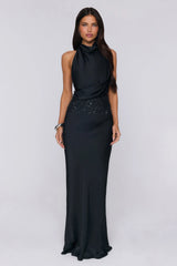 Gossip And Glitter Halter Satin Maxi Dress Black