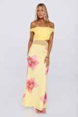 Floral Spice Off Shoulder Mesh Maxi Dress Yellow
