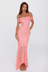 Secrets Worth Sharing Off Shoulder Lace Maxi Dress Peach