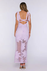 Enchanted Bloom Floral Embroidered Tie Shoulder Maxi Dress Lilac