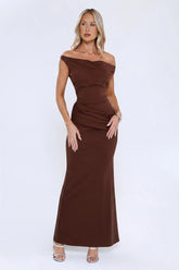 Caught In The Spotlight Off Shoulder Maxi Dress Chocolate