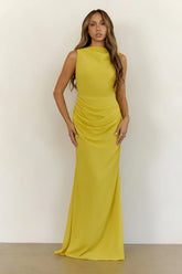 Elegant Chiffon Draped Cowl Back Maxi Dress Yellow