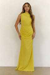Elegant Chiffon Draped Cowl Back Maxi Dress Yellow