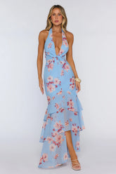 Floral Halter Twist Detail Tiered Maxi Dress Blue
