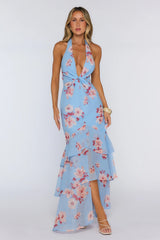 Floral Halter Twist Detail Tiered Maxi Dress Blue