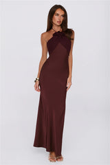 Irresistibly Sleek Halter Satin Maxi Dress Brown