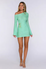 Drift Into Chic Knit Sequin Long Sleeve Mini Dress Mint