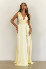 Golden Aura Satin V Neck Maxi Dress Yellow