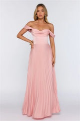 Elegant Glow Pleated Off Shoulder Maxi Dress Pink
