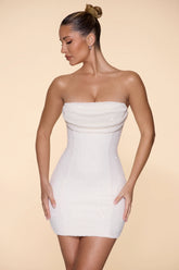 Embellished Strapless Cowl Neck Mini Dress in Snow