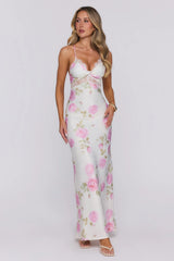 Romantic Muse Lace Floral Satin Maxi Dress Pink