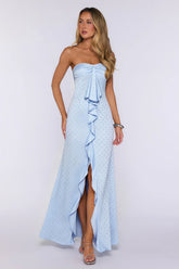 Sparked Hour Satin Polka Dot Strapless Maxi Dress Blue