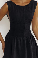 Textured Open Back Polka Dot Bow Mini Dress Black