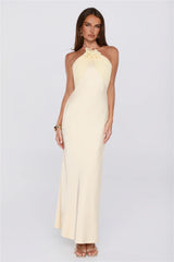 Irresistibly Sleek Halter Satin Maxi Dress Yellow