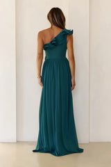 Elegant Frill One Shoulder Maxi Dress Green