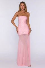 The Fame Effect Embellished Mesh Strapless Maxi Dress Pink