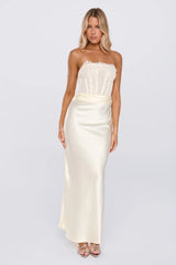 Only Lover Satin Lace Strapless Maxi Dress Yellow