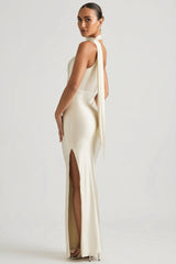Asymmetric Scarf-Detail Maxi Dress in Pearl