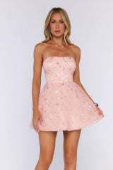 Floral Shimmer Strapless Mini Dress Pink