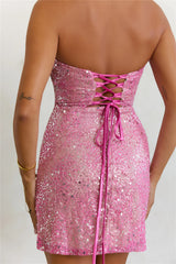 Dazzling Spirit Sequin Strapless Lace Up Mini Dress Pink