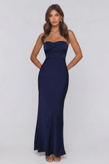 Secret Summer Strapless Satin Maxi Dress Navy