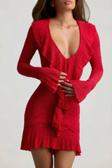Ruffle-Trim Pointelle-Knit Mini Dress in Cherry
