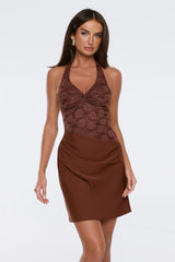 The Good Mood Lace Halter Mini Dress Brown