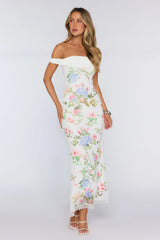 Romantic Garden Floral Off The Shoulder Maxi Dress White