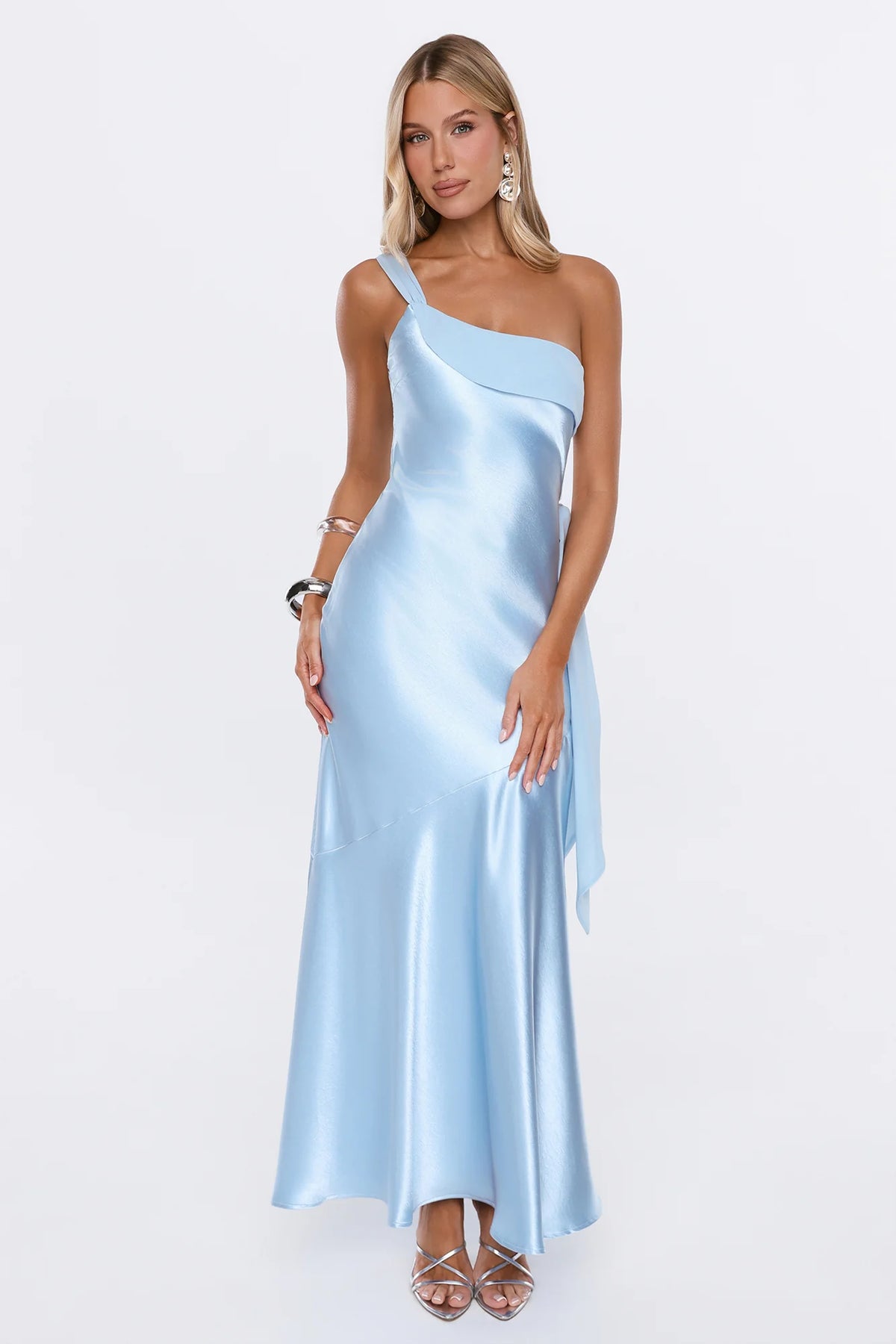 Fashion Story One Shoulder Satin Maxi Dress Blue