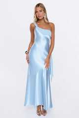 Fashion Story One Shoulder Satin Maxi Dress Blue
