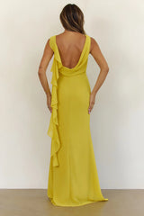 Elegant Chiffon Draped Cowl Back Maxi Dress Yellow