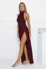Satin Sophistication Halter Maxi Dress Chocolate