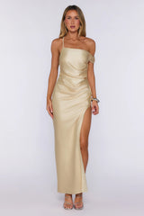 Social Diary Off Shoulder Satin Maxi Dress Yellow