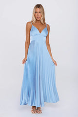 Polished Moment Satin Pleated Maxi Dress Blue