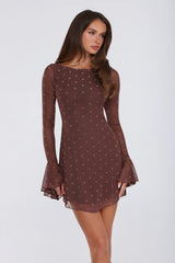 Sunset Season Long Sleeve Polka Dot Mini Dress Brown