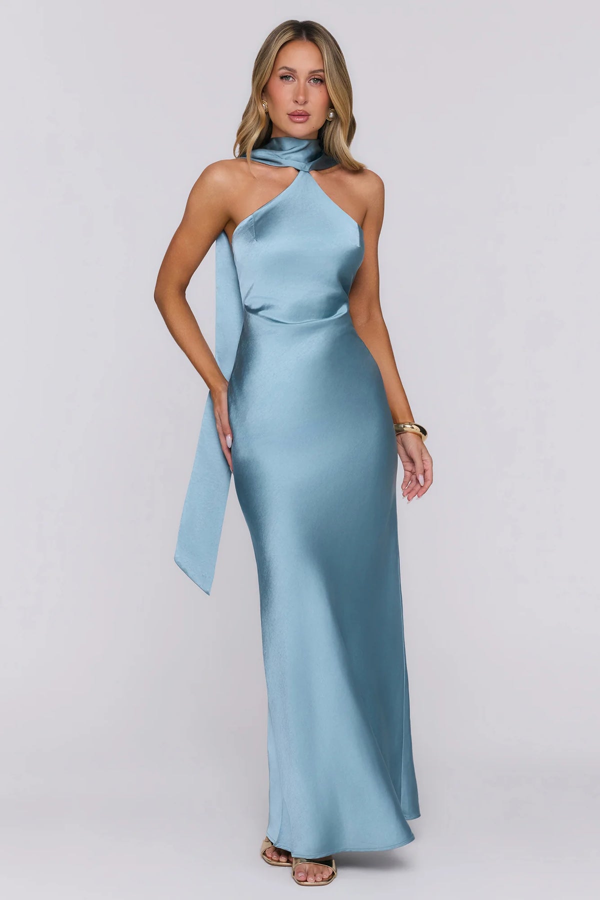 Angelic Love Halter Satin Maxi Dress Steel Blue