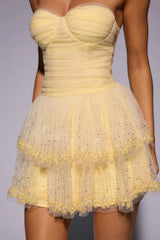 Bloom Soft Strapless Mesh Embellished Mini Dress Yellow