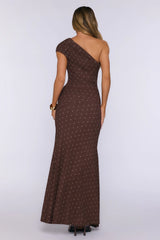 Power Mood One Shoulder Polka Dot Maxi Dress Brown