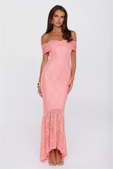 Secrets Worth Sharing Off Shoulder Lace Maxi Dress Peach