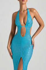 Embellished Cut-Out Halterneck Maxi Dress in Aqua Blue