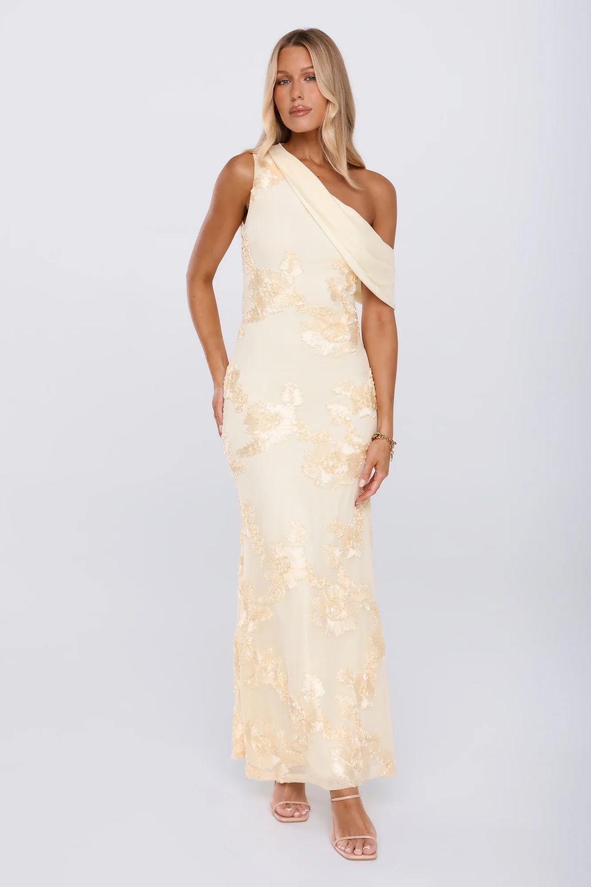 Next Level Chic Mesh One Shoulder Maxi Dress Yellow