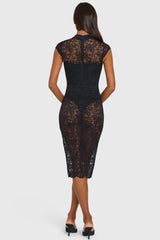 Lace Cut-Out Sheer Midi Dress in Black